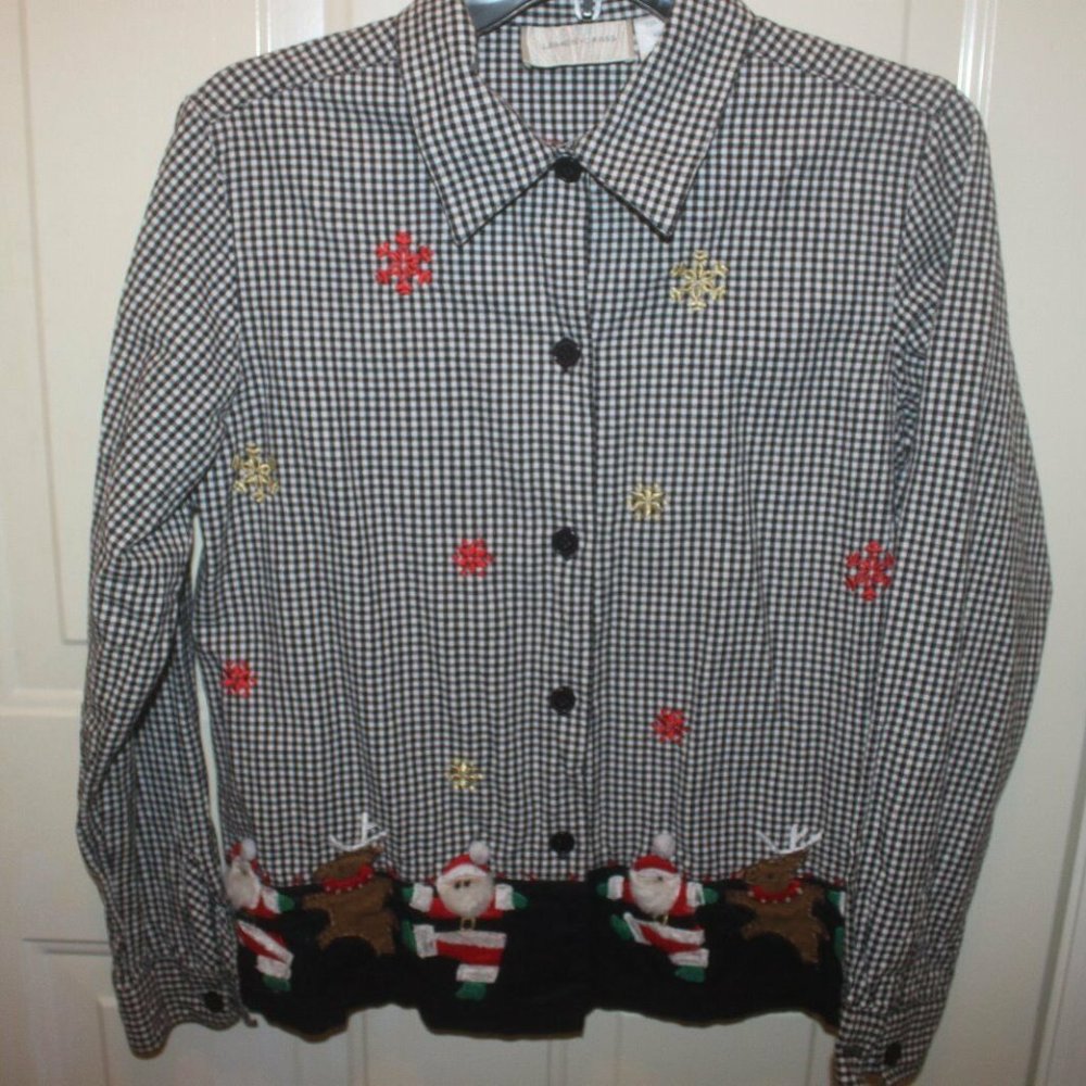 Lemon Grass black white gingham shirt snowflake embroidery Santa Reindeer S EUC…